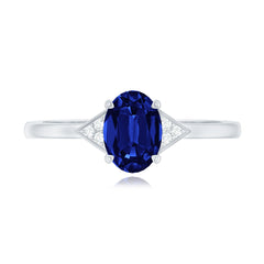 Certified 1 Carat Lab Grown Blue Sapphire Oval Engagement Ring with Diamond Trio