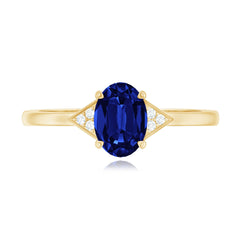 Certified 1 Carat Lab Grown Blue Sapphire Oval Engagement Ring with Diamond Trio