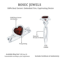 Natural Garnet Diamond Heart Engagement Ring with Crossover Shank