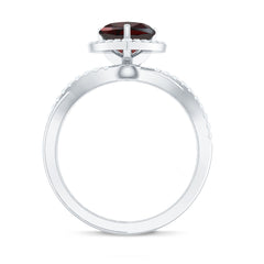 Natural Garnet Diamond Heart Engagement Ring with Crossover Shank