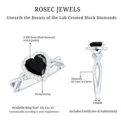 Heart Shape Created Black Diamond Crossover Engagement Ring with Diamond