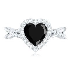 Heart Shape Created Black Diamond Crossover Engagement Ring with Diamond