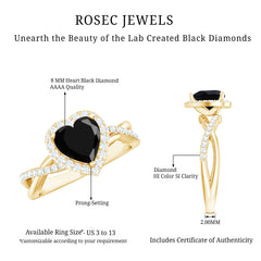 Heart Shape Created Black Diamond Crossover Engagement Ring with Diamond