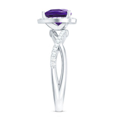 Heart Shape Amethyst Crossover Engagement Ring with Diamond