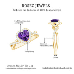 Heart Shape Amethyst Crossover Engagement Ring with Diamond