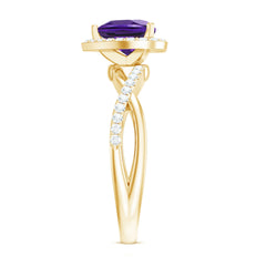 Heart Shape Amethyst Crossover Engagement Ring with Diamond