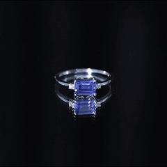 Octagon Cut Created Blue Sapphire East West Engagement Ring with Diamond