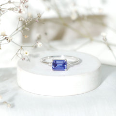 Octagon Cut Created Blue Sapphire East West Engagement Ring with Diamond