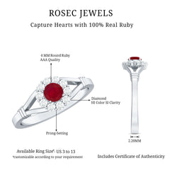 Split Shank Ruby and Diamond Halo Engagement Ring