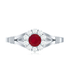 Split Shank Ruby and Diamond Halo Engagement Ring