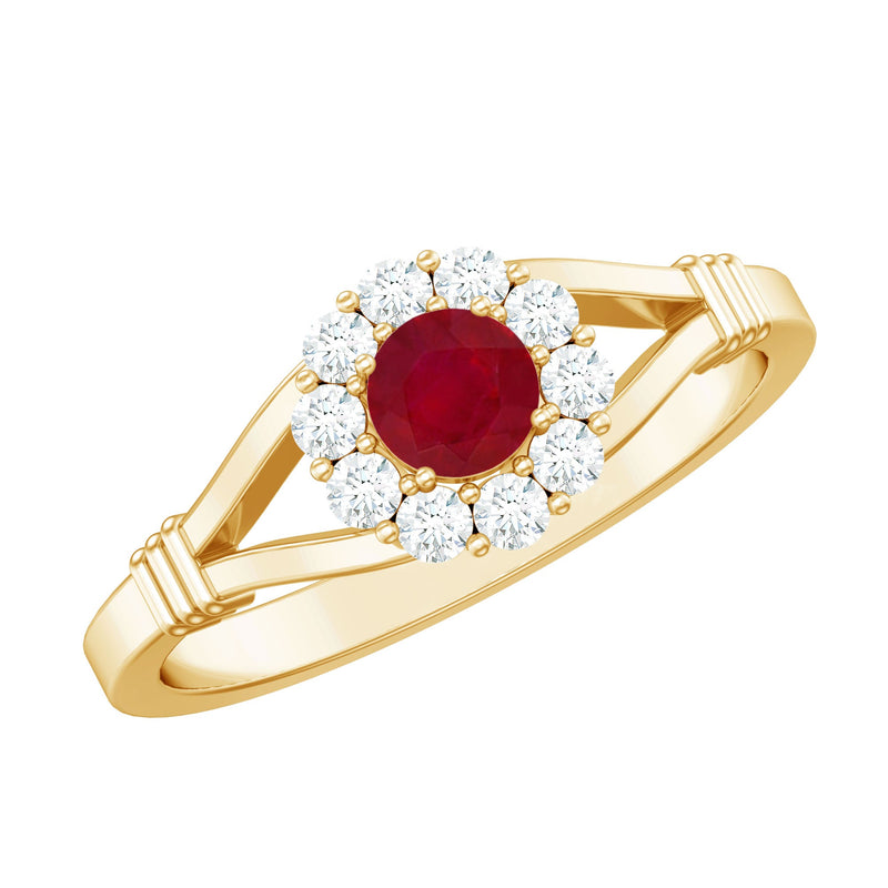 Split Shank Ruby and Diamond Halo Engagement Ring