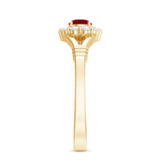 Split Shank Ruby and Diamond Halo Engagement Ring