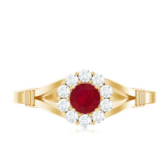 Split Shank Ruby and Diamond Halo Engagement Ring