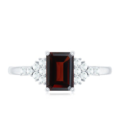 Natural Red Garnet Emerald Cut Engagement Ring with Diamond