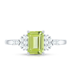 Natural 1.8 Carat Peridot Emerald Cut Engagement Ring with Diamond Side Stones