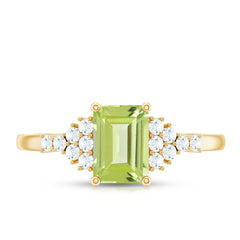 Natural 1.8 Carat Peridot Emerald Cut Engagement Ring with Diamond Side Stones