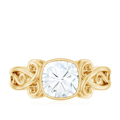 Cushion Cut Cubic Zirconia Vintage Inspired Solitaire Ring in Bezel Setting