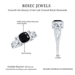 Vintage Style Cushion Created Black Diamond Solitaire Ring in Bezel Setting