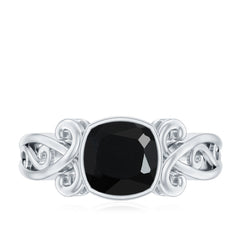 Vintage Style Cushion Created Black Diamond Solitaire Ring in Bezel Setting