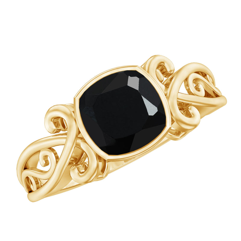 Vintage Style Cushion Created Black Diamond Solitaire Ring in Bezel Setting