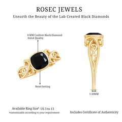 Vintage Style Cushion Created Black Diamond Solitaire Ring in Bezel Setting