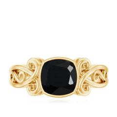 Vintage Style Cushion Created Black Diamond Solitaire Ring in Bezel Setting