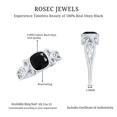 8mm Cushion Cut Black Onyx Vintage Engagement Ring For Women