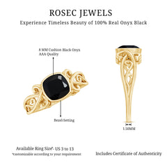 8mm Cushion Cut Black Onyx Vintage Engagement Ring For Women