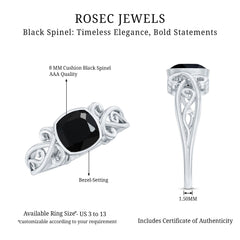 Vintage Style Black Spinel Cushion Cut Engagement Ring