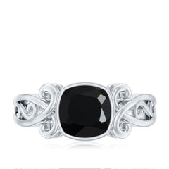 Vintage Style Black Spinel Cushion Cut Engagement Ring