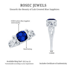 Vintage Style 2.75 Carat Cushion Cut Lab Grown Blue Sapphire Engagement Ring