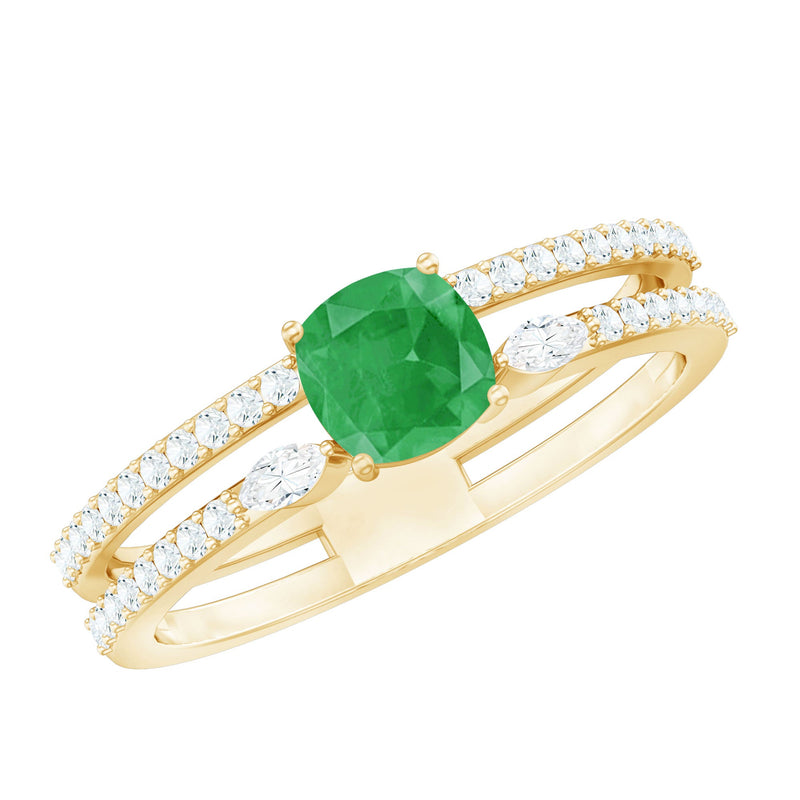 Natural Cushion Cut Emerald Diamond Double Band Engagement Ring