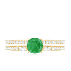 Natural Cushion Cut Emerald Diamond Double Band Engagement Ring