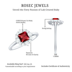 Certified Lab Grown Ruby Princess Cut Engagement Ring with Diamond Halo