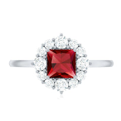 Certified Lab Grown Ruby Princess Cut Engagement Ring with Diamond Halo