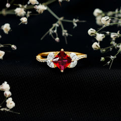 Princess Cut Lab Grown Ruby Solitaire Ring with Diamond