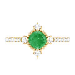 Antique Looking Real Emerald Cushion Cut Engagement Ring with Diamond