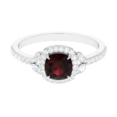Natural Garnet Cushion Cut Engagement Ring with Diamond Halo