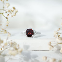 Natural Garnet Cushion Cut Engagement Ring with Diamond Halo