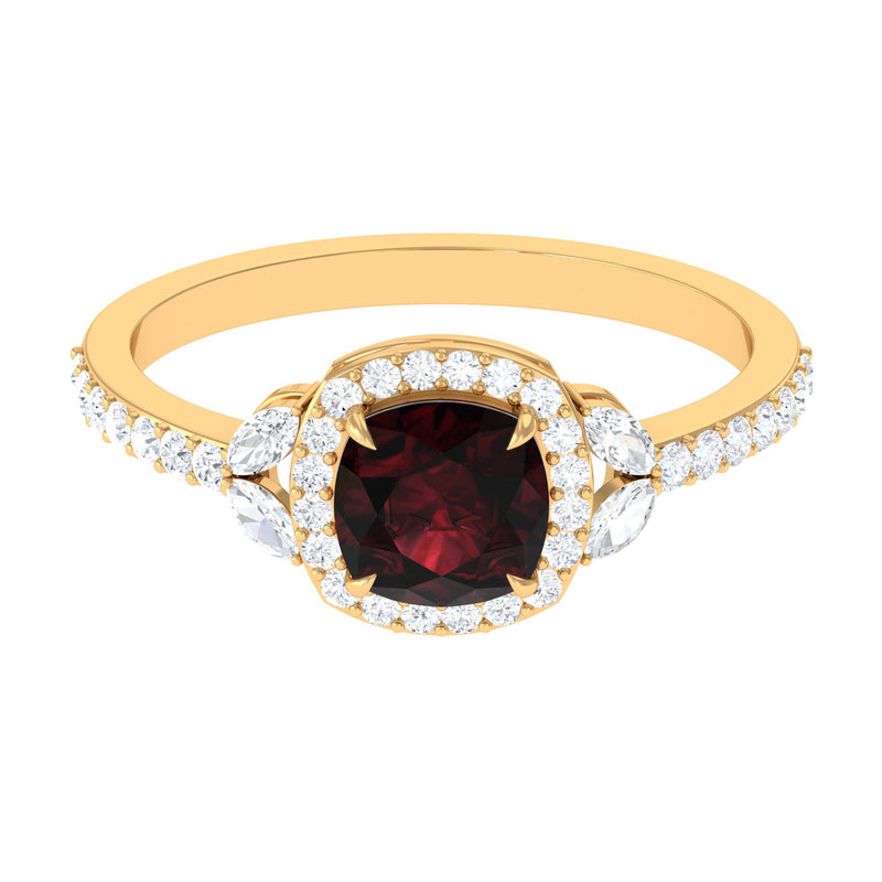 Natural Garnet Cushion Cut Engagement Ring with Diamond Halo