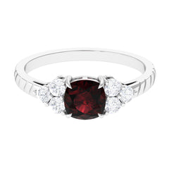 Natural 8mm Garnet Cushion Cut Engagement Ring with Diamond Trio