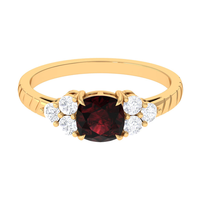 Natural 8mm Garnet Cushion Cut Engagement Ring with Diamond Trio
