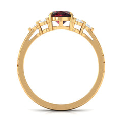 Natural 8mm Garnet Cushion Cut Engagement Ring with Diamond Trio