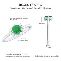 Certified Real Cushion Cut Emerald Engagement Ring with Diamond Trio