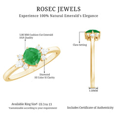 Certified Real Cushion Cut Emerald Engagement Ring with Diamond Trio