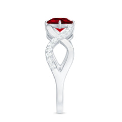 Cushion Cut Lab Grown Ruby and Diamond Crossover Engagement Ring