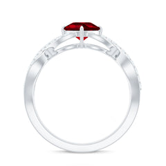 Cushion Cut Lab Grown Ruby and Diamond Crossover Engagement Ring