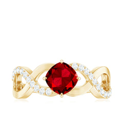 Cushion Cut Lab Grown Ruby and Diamond Crossover Engagement Ring