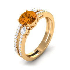 Natural Citrine Diamond Double Band Engagement Ring