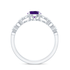 Round Shape Amethyst Solitaire Double Band Ring with Diamond